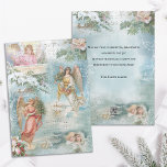 Choir Vintage jul Winter Änglar Collage Julkort<br><div class="desc">Charming collage of vacker Victorian änglar,  snö-täckt gräs,  ro,  holly,  julmusik,  typografi,  evergreens och jordlandskap på landsbygden som gränsar till ömtåliga vita filigree på ljusblå himlar-bakgrund.</div>