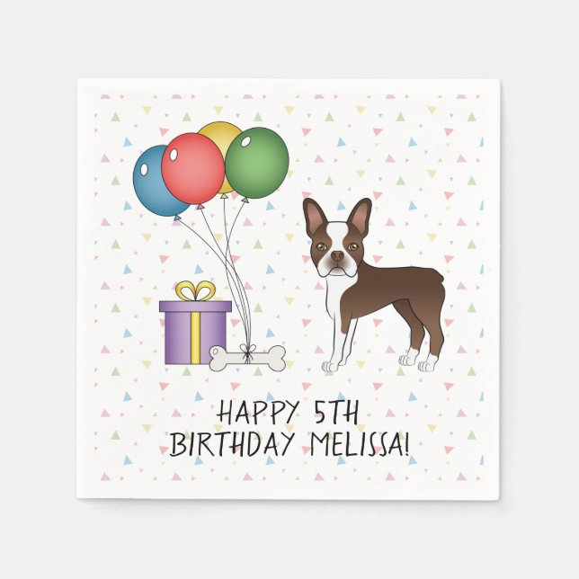 Choklad Boston Terrier Tecknad Hund - Födelsedag Pappersservett (Framsidan)