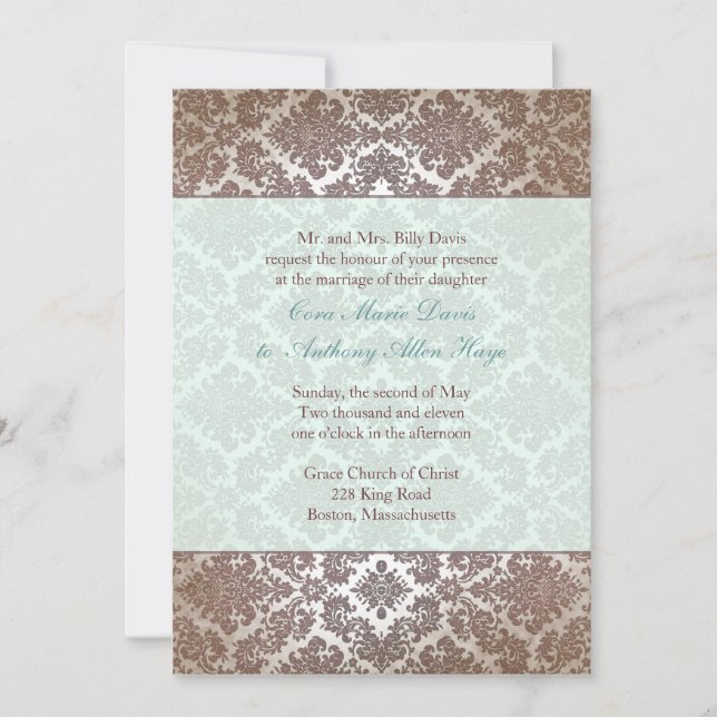 Choklad Brown Damask Wedding bjudande Inbjudningar (Framsida)