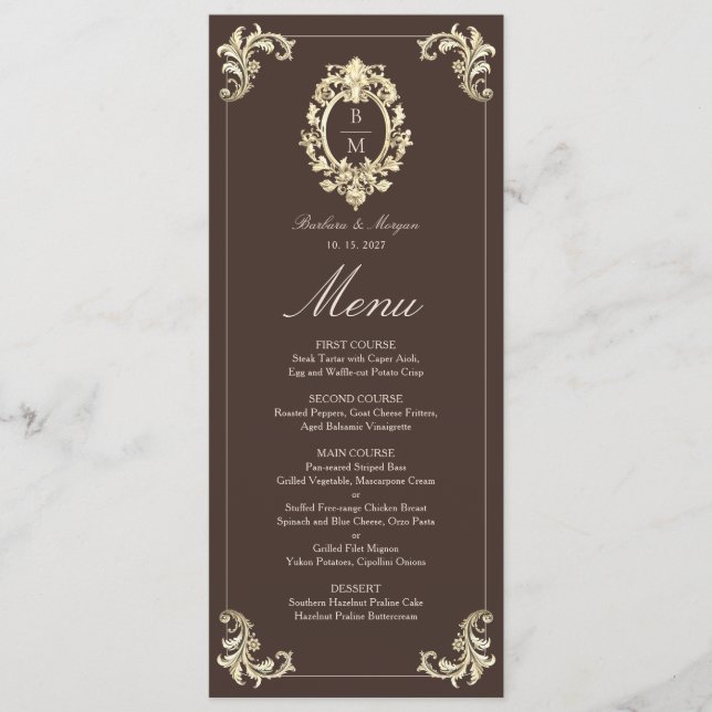 Choklad Brun Guld Barock Monogram Bröllop Meny (Framsida)