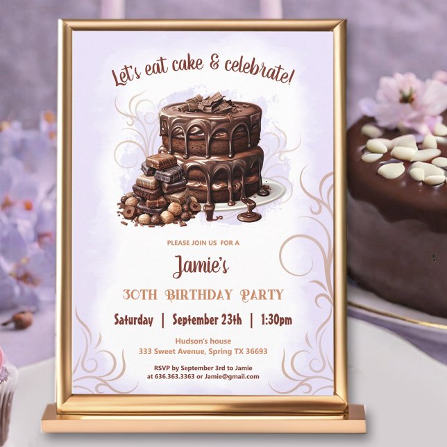 Choklad Cake Lila Brown 30års födelsedag Party Inbjudningar (Chocolate Cake Purple Brown 30th Birthday Party Invitation)