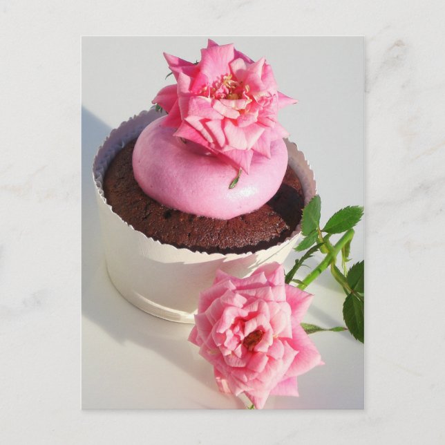 Choklad cupkaka med Rosa ros Vykort (Framsida)