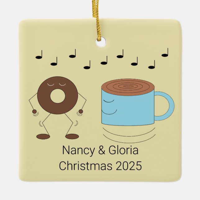 Choklad Frosted Donut & Coffee Mugg Dancing: Julgransprydnad Keramik (Framsida)