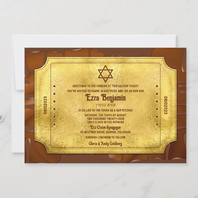 Choklad Golden Ticket Bar Mitzvah eller Bat Mitzva Inbjudningar (Framsida)