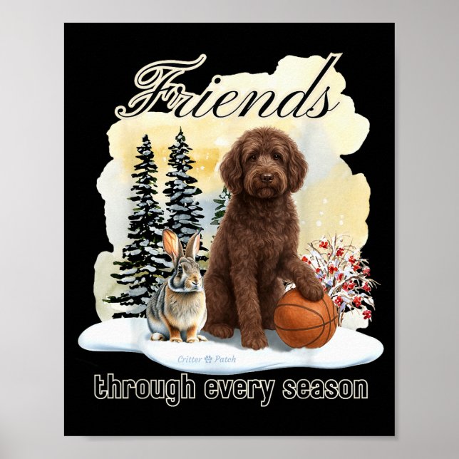 Choklad Goldendoodle och vän i vintersnö S Poster (Framsidan)