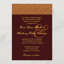 Choklad Guld Vintage Damask Bröllopsmonogram Inbjudningar