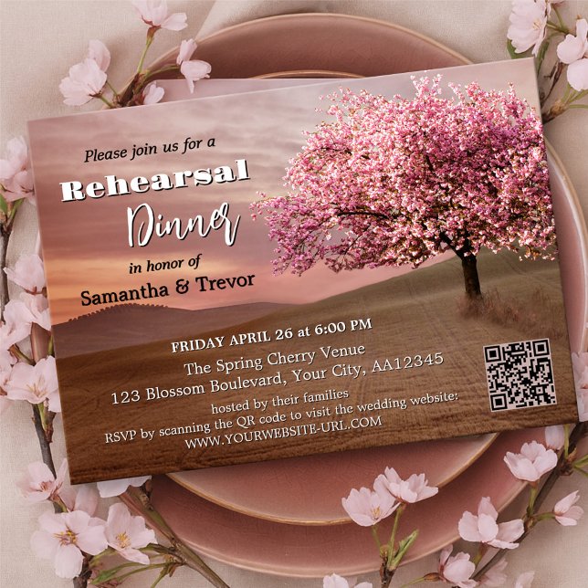 Choklad Körsbärsblom Övningsmiddag Inbjudningar (Rehearsal Dinner invitation with a painting of a chocolate landscape with a blossoming cherry tree)