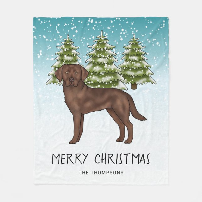 Choklad Labrador Retriever Blå Snöig Jul Fleecefilt (Framsidan)