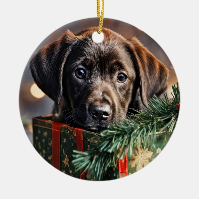 Choklad Labrador Valp Jul Julgransprydnad Keramik (Framsidan)