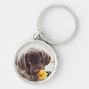 Choklad labradus valp med Leksak Anka Rund Silverfärgad Nyckelring