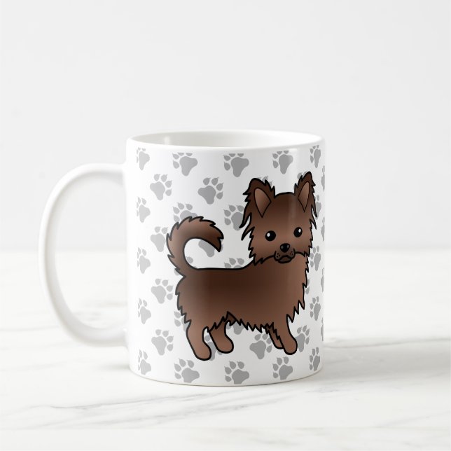 Choklad Lång Päls Chihuahua Tecknad Hund & Tassar Kaffemugg (Vänster)