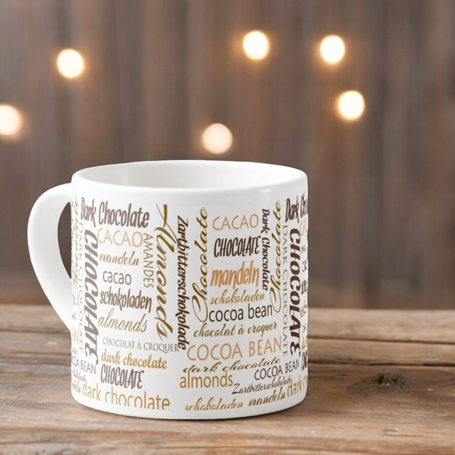Choklad, mandlar och Mörk Chocolate Ord Cloud Espressomugg (design on both sides of the handle)