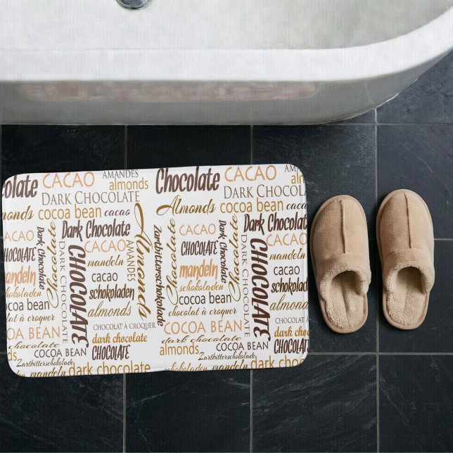 Choklad, mandlar och Mörk Choklad Text Design Badrumsmatta (Multilingual chocolate typography word cloud bath mat)