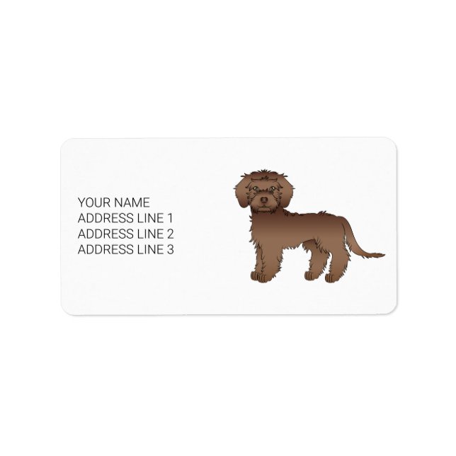 Choklad Mini Goldendoodle Tecknad Hund & Text Adressetikett (Framsidan)