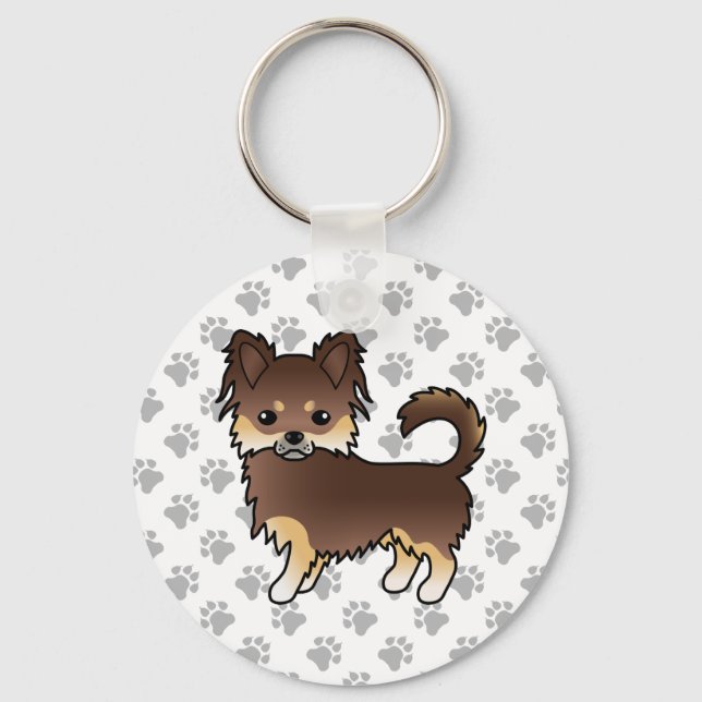 Choklad och lång Jacka Chihuahua Hund & Tass Nyckelring (Framsida)