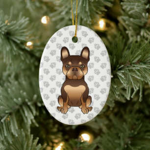 Choklad och Tan Fransk Bulldog Cute & Text Julgransprydnad Keramik