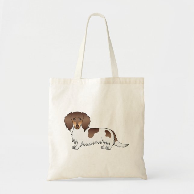 Choklad Och Tan Piebald Långhårig Dachshund Hund Tygkasse (Framsidan)