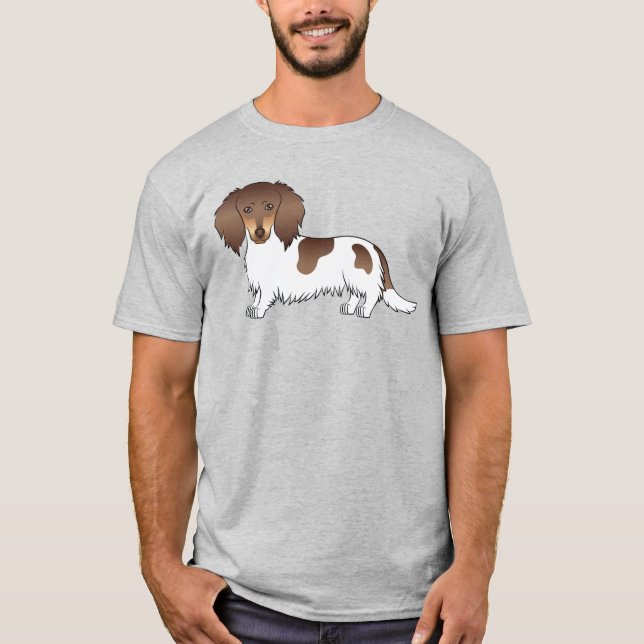 Choklad och tan Piebald Long Hair Dachshund Hund T Shirt (Framsida)