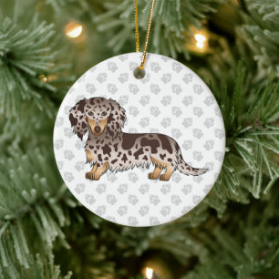 Choklad & Tan Dapple Long Hair Dachshund & Text Julgransprydnad Keramik