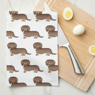 Choklad & Tan Långhårig Dachshund Hund Mönster Kökshandduk