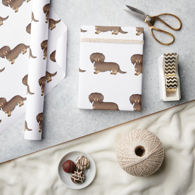 Choklad & Tan Långhårig Dachshund Hund Mönster Presentpapper (Hantverk)