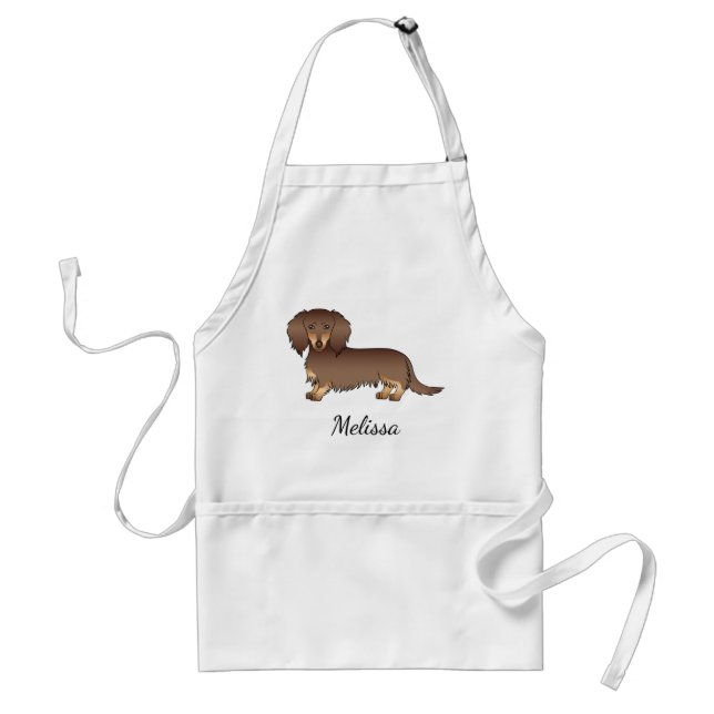 Choklad & Tan Långhårig Dachshund Hund & Namn Förkläde (Framsidan)