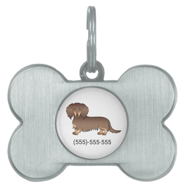 Choklad & Tan Långhårig Dachshund Hund & Nummer ID-bricka Husdjur (Framsidan)