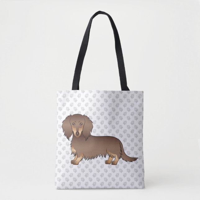 Choklad & Tan Långhårig Dachshund Hund & Tassar Tygkasse (Framsida)