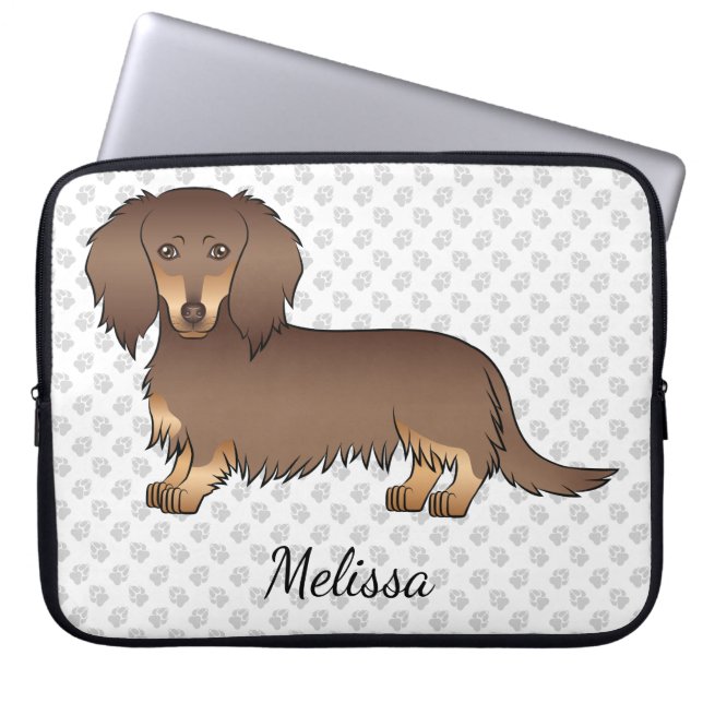Choklad & Tan Långhårig Dachshund Hund & Text Laptop Fodral (Framsidan)