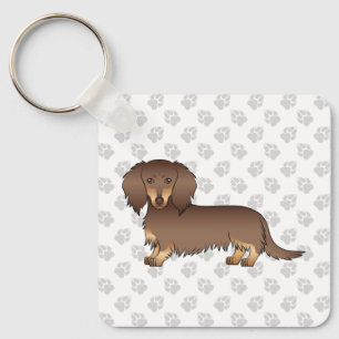 Choklad & Tan Långhårig Dachshund Tecknad Hund Nyckelring