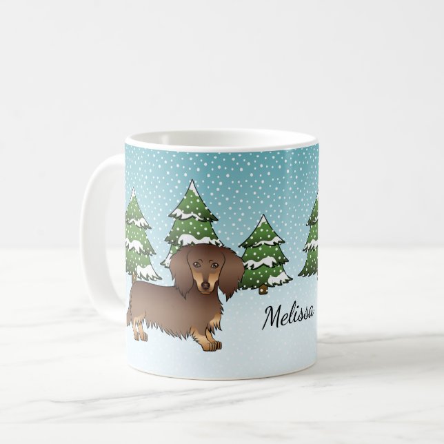Choklad & Tan Långhårig Dachshund Vinter Skog Kaffemugg (Framsida vänster)