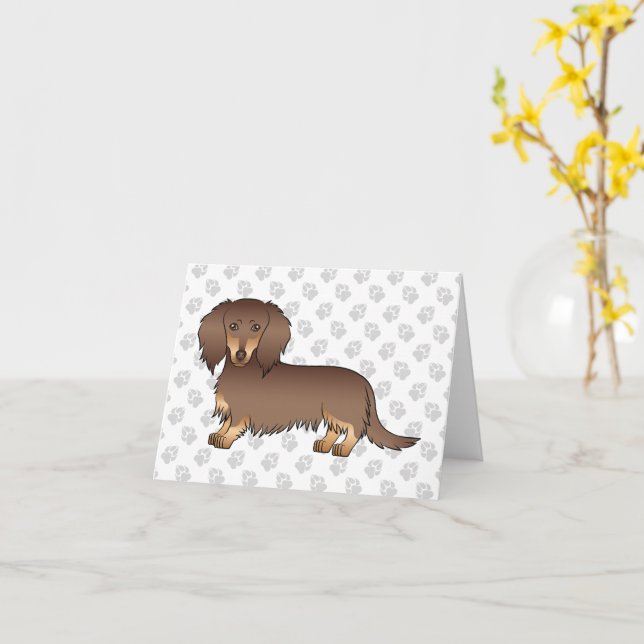 Choklad & Tan Long Hair Dachshund Hund & Tass Kort (Gul blomma)