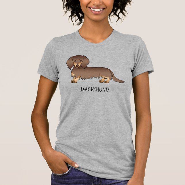 Choklad & Tan Long Hair Dachshund Hund & Text T Shirt (Framsida)