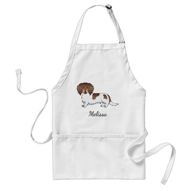 Choklad & Tan Piebald Långhårig Dachshund & Namn Förkläde (Framsidan)