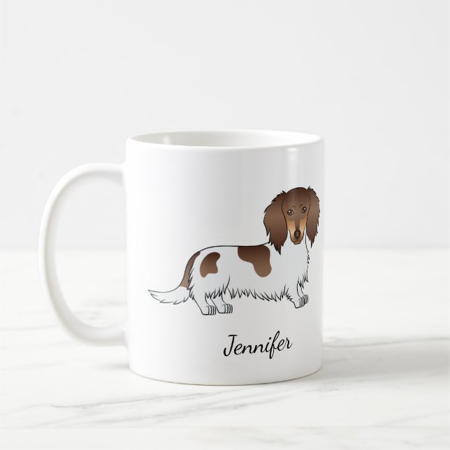 Choklad & Tan Piebald Långhårig Dachshund & Namn Kaffemugg (Vänster)