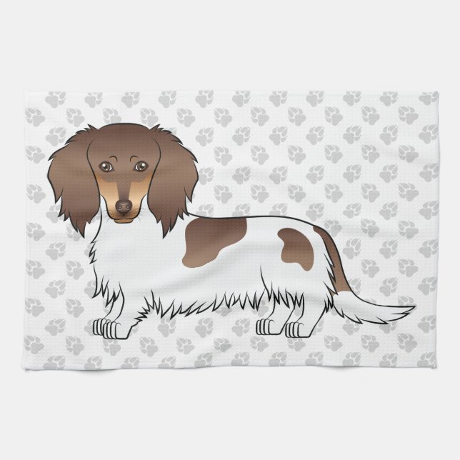 Choklad & Tan Piebald Långhårig Dachshund & Tassar Kökshandduk (Horisontell)