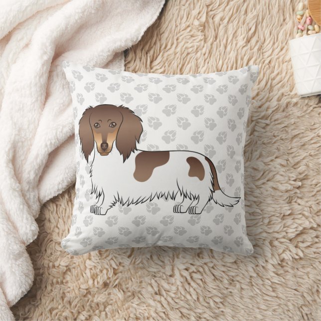Choklad & Tan Piebald Långhårig Dachshund & Tassar Kudde (Filt)