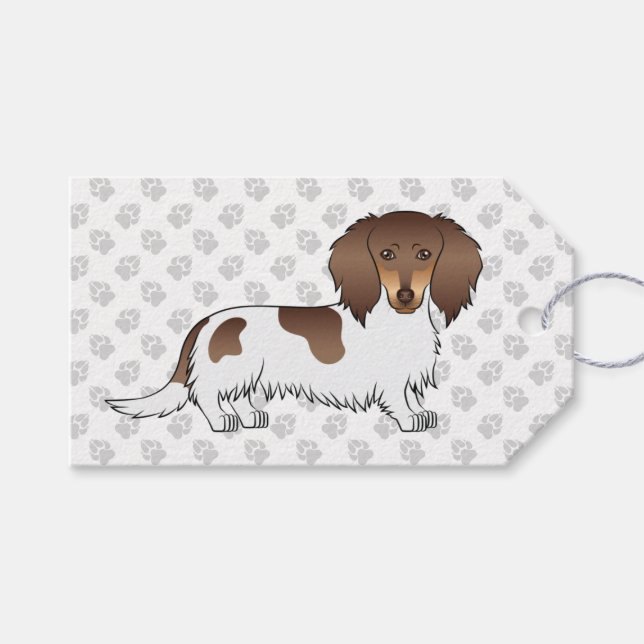 Choklad & Tan Piebald Långhårig Dachshund & Tassar Presentetikett (Framsidan (Horisontell))
