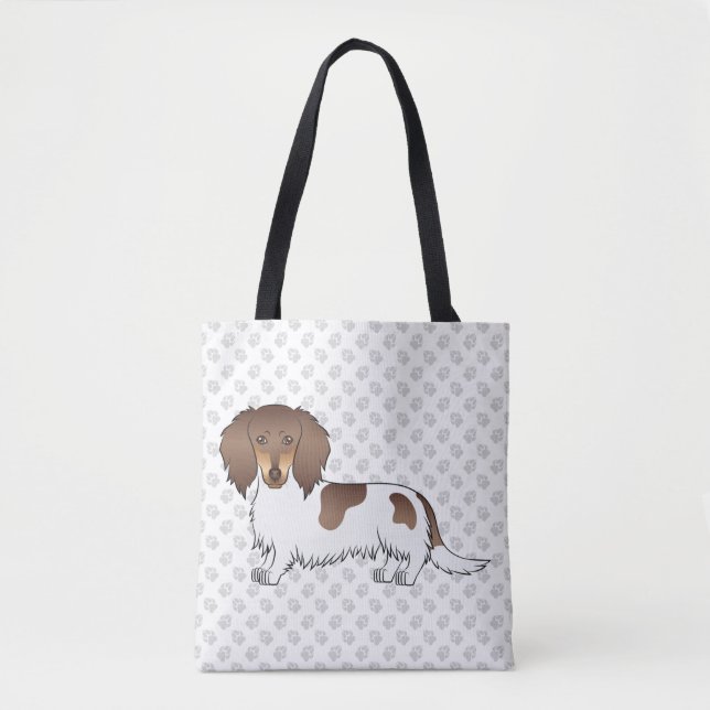 Choklad & Tan Piebald Långhårig Dachshund & Tassar Tygkasse (Framsida)