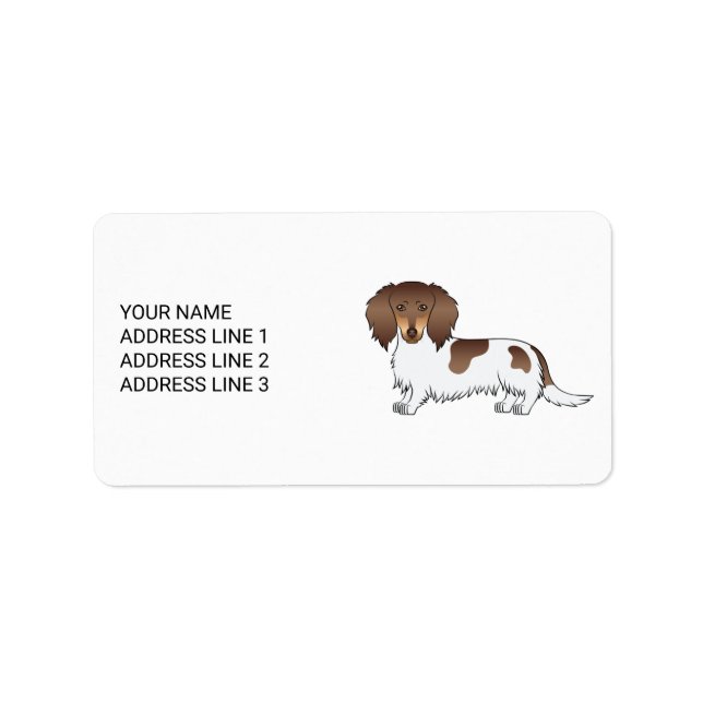 Choklad & Tan Piebald Långhårig Dachshund & Text Adressetikett (Framsidan)