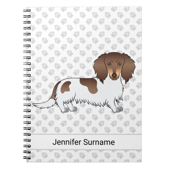 Choklad & Tan Piebald Långhårig Dachshund & Text Anteckningsbok (Framsidan)