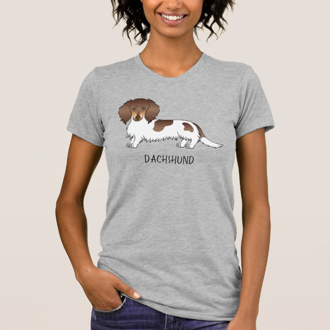 Choklad & Tan Piebald Långhårig Dachshund & Text T Shirt (Framsida)
