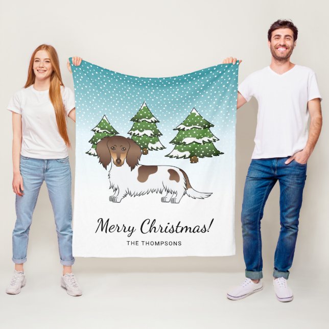 Choklad & Tan Pied Långhårig Dachshund på vintern Fleecefilt (På plats)