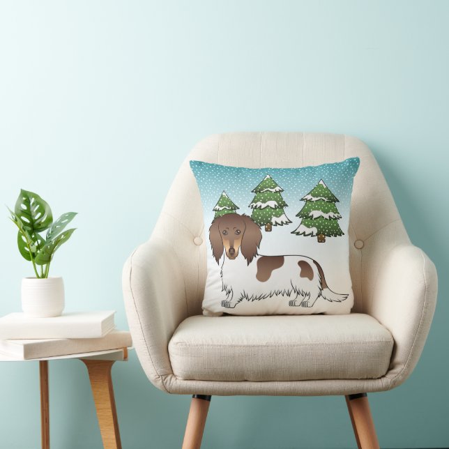 Choklad & Tan Pied Långhårig Dachshund på vintern Kudde (Stol)