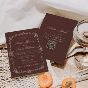 Chokladbrun Blommig Old Money QR-kod Bröllop Inbjudningar