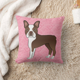 Chokladbrun Boston Terrier Hund På Rosa Hjärtan Kudde
