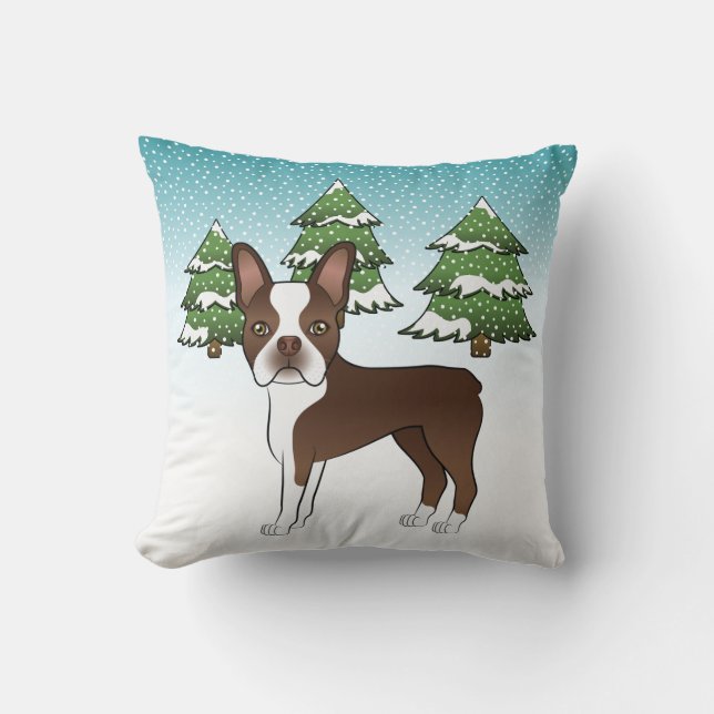 Chokladbrun Boston Terrier I En Vinterskog Kudde (Framsida)