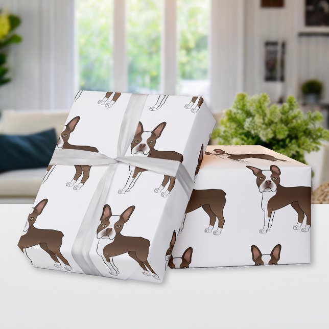 Chokladbrun Boston Terrier Serietecknad Hundmönste Presentpapper (Skapare uppladdad)
