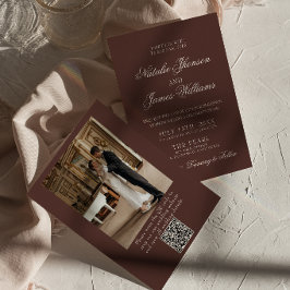 Chokladbrun gammal rikedom QR-kod foto bröllop Inbjudningar
