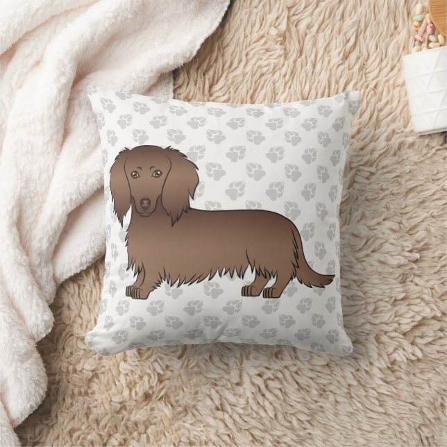 Chokladbrun Långhårig Dackel Tecknad Hund & Tassar Kudde (Filt)